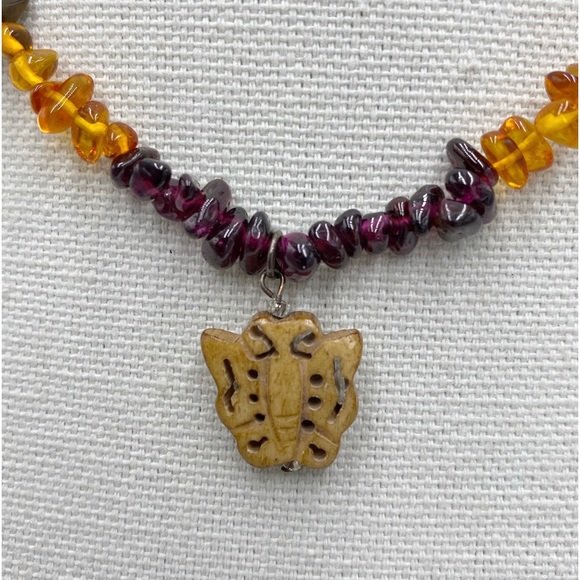 Sterling Silver Amber, Tiger Eye, Garnet Chip Beaded Necklace Butterfly Pendant - Picture 2 of 11